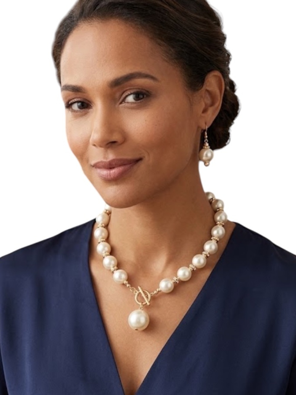 Faux Pearl Choker Necklace & Drop Earrings Set Gold Bridal Prom Statement